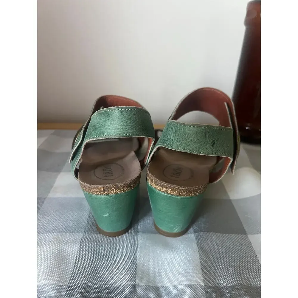 Taos Carousel Sage Green Leather Wedge Sandals Brass Button Comfort Shoes 40 US9